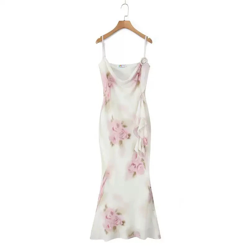 荔夏玫瑰晕染斜裁荡领鱼尾连衣裙大码法式开衩温柔仙气