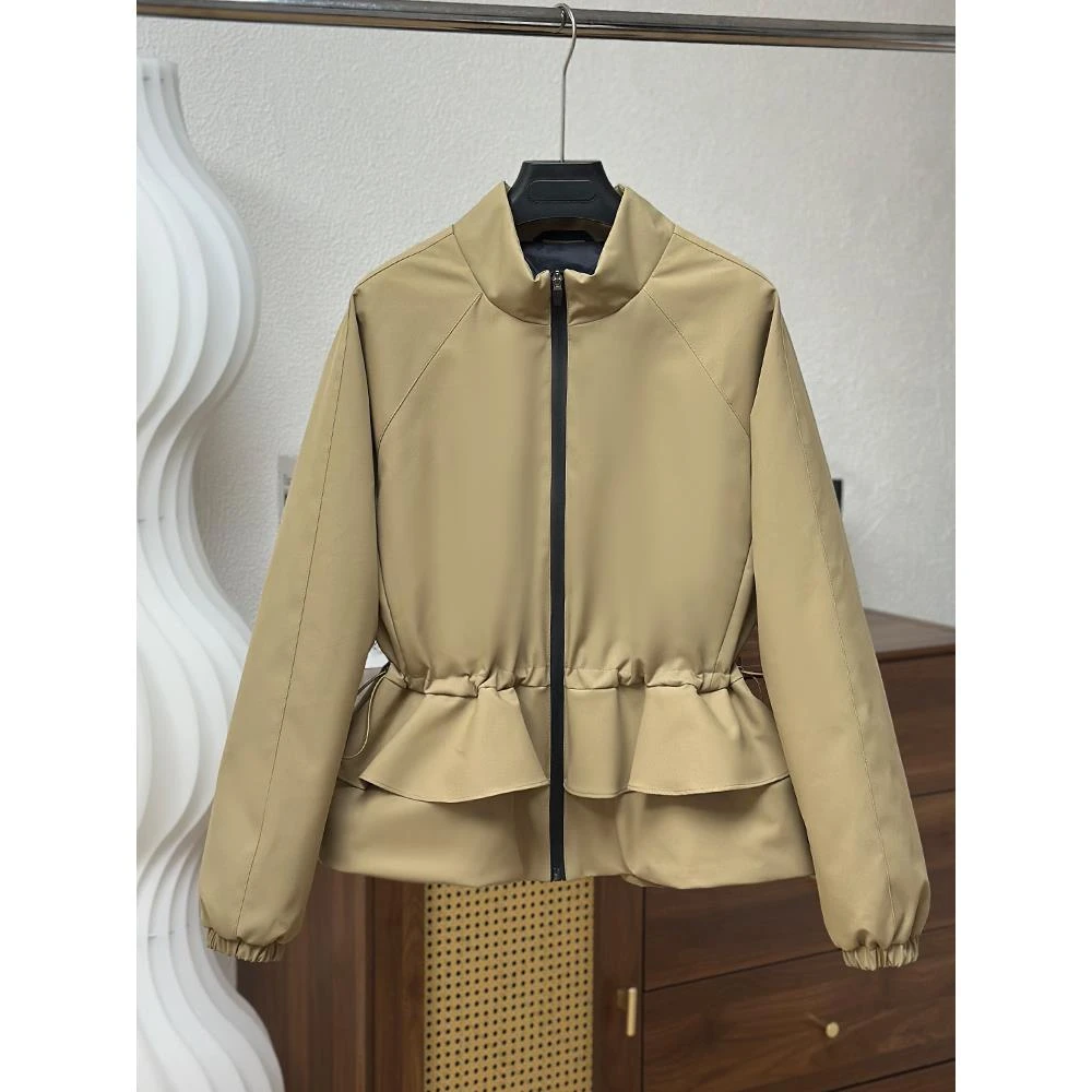 欧货高端高尔夫白鹅绒三防收腰荷叶边短款立领羽绒服女夹克外套冬