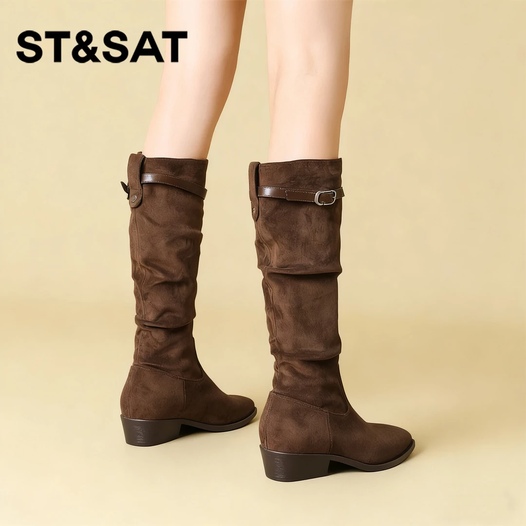 星期六尖头靴女款2025年新款秋季粗跟中筒靴西部牛仔靴高跟长筒靴