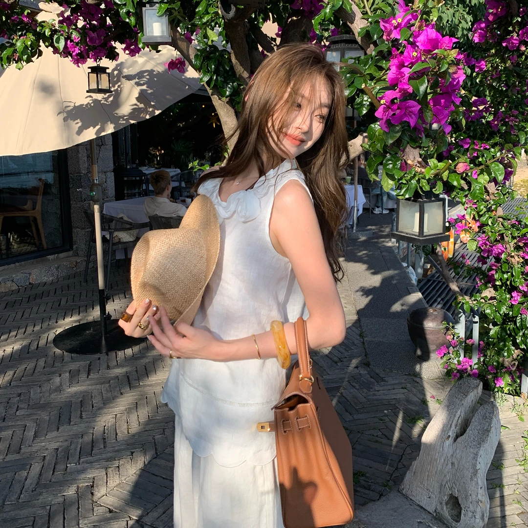 【千禧夏日】RARE ZZ 清冷气质立体花瓣上衣白色亚麻无袖背心女