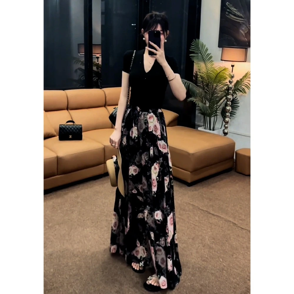 M136 中长款法式收腰韩系风碎花印花长裙休闲风韩版时尚套装气质