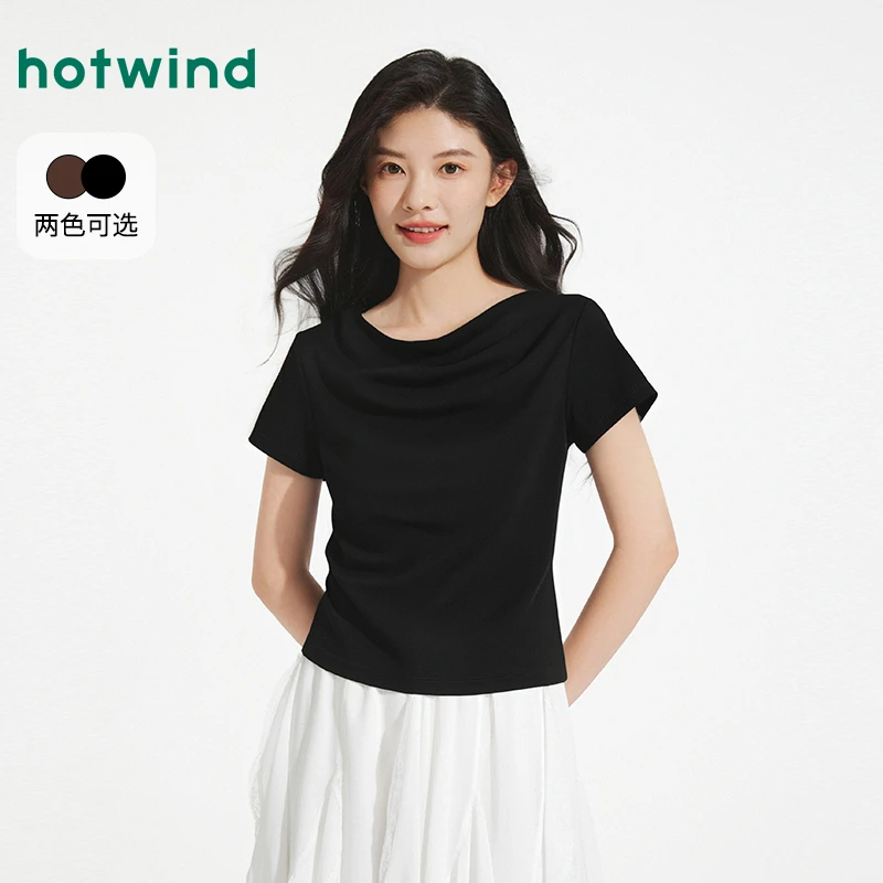 热风女士黑色短袖T恤上衣2025年夏季新款荡领设计感显瘦短袖T恤