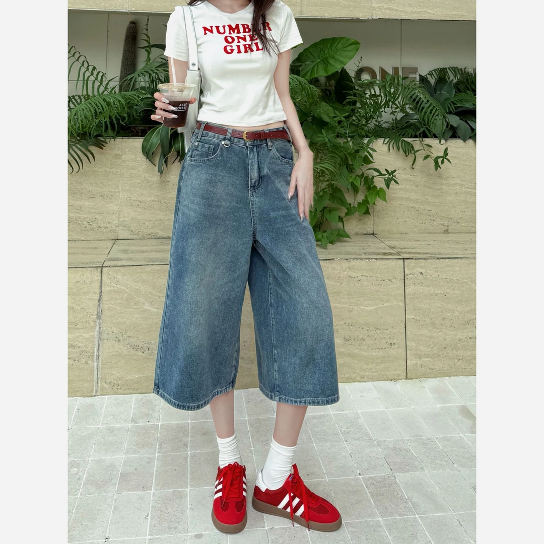 夏季牛仔短裤七分裤女爆款2025新款高腰直筒宽松显瘦气质阔腿中裤