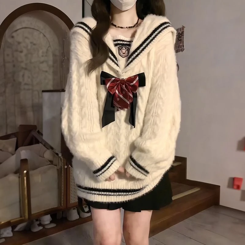 秋冬学院风蝴蝶结海军领针织麻花套头毛衣长袖打底衫女百搭毛衣女