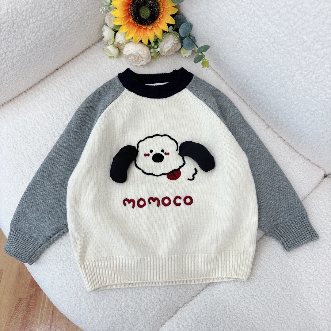 MOMOCO新款男童圆领冬儿童洋气可爱拼接立体小狗毛衣77430230043