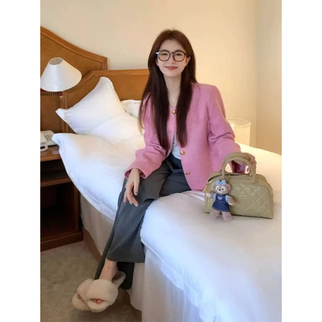 277 法式精致小香风上衣女2025春秋甜美粉色宽松显瘦单排扣外套