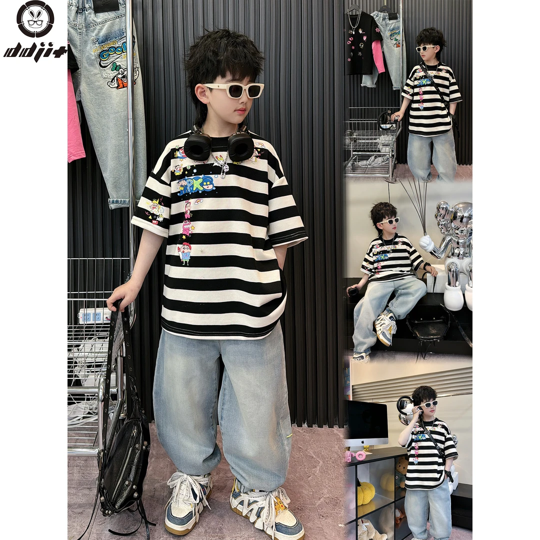 25123【条纹小新】夏款时尚街头男黑白条纹小新印花短袖T恤