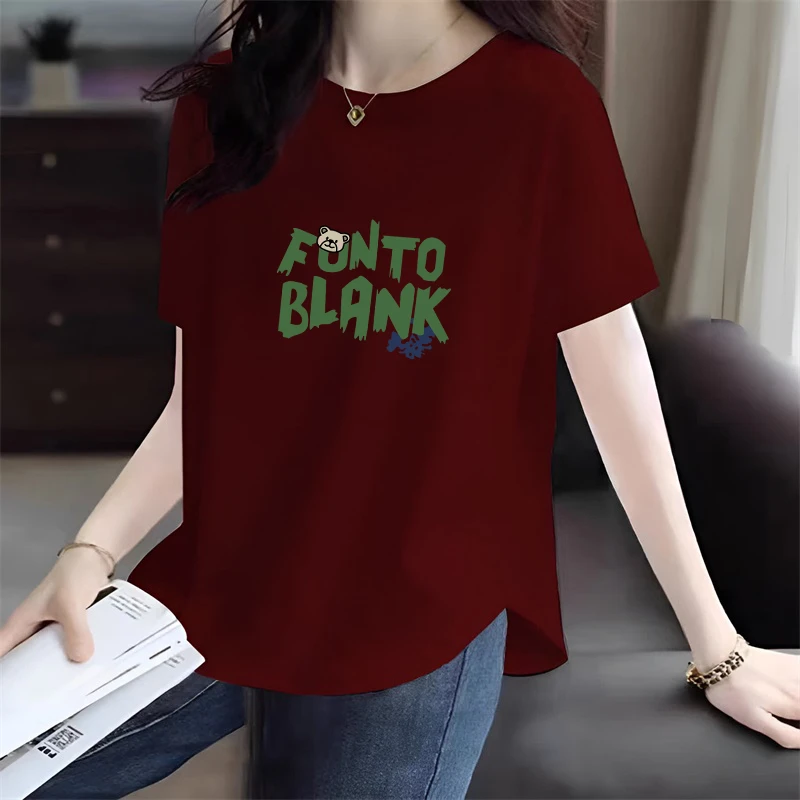 弧形下摆100%纯棉短袖t恤女夏季新款宽松大码胖mm洋气减龄上衣服
