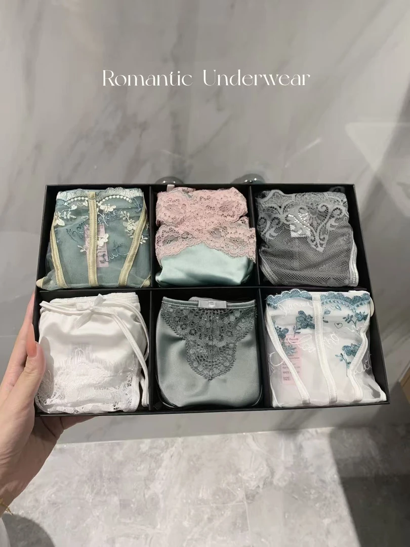 天青色等烟雨*软鱼骨刺绣国风高级感蕾丝网纱内裤套组