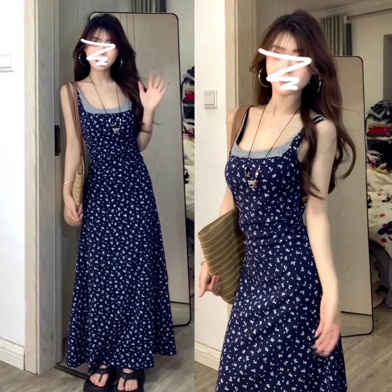茶歇法式碎花气质吊带连衣裙子女夏季2025新款小个子文艺显瘦长裙
