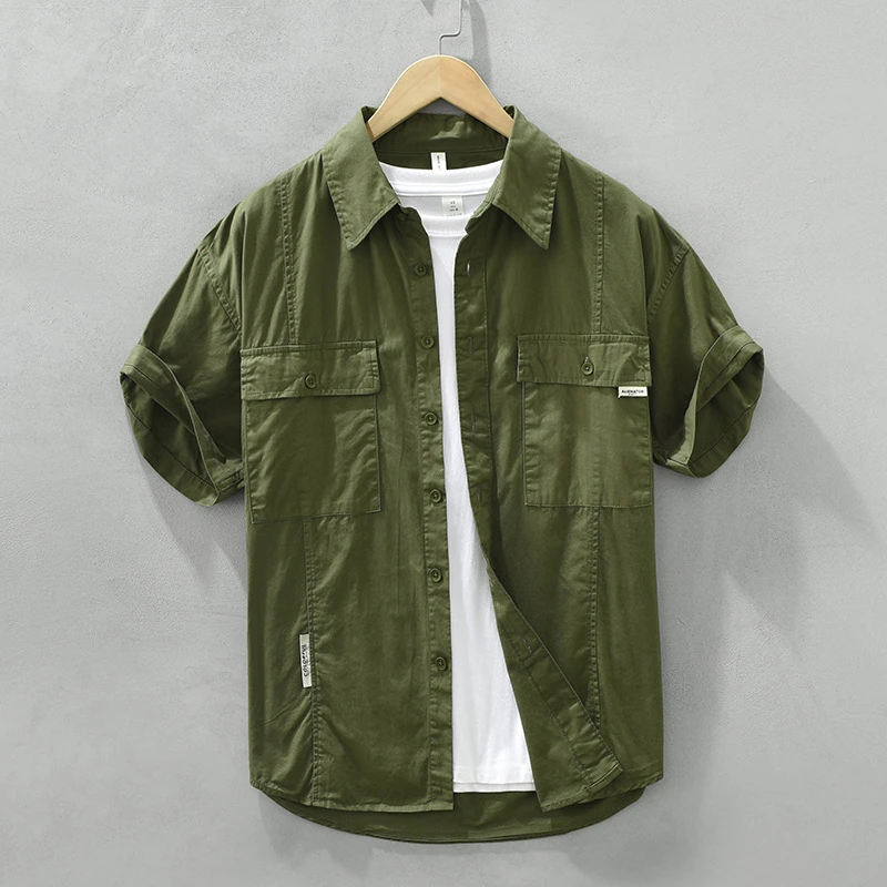 夏季多口袋男款短袖衬衣宽松时尚纯棉户外百搭衬衫男士纯色2719