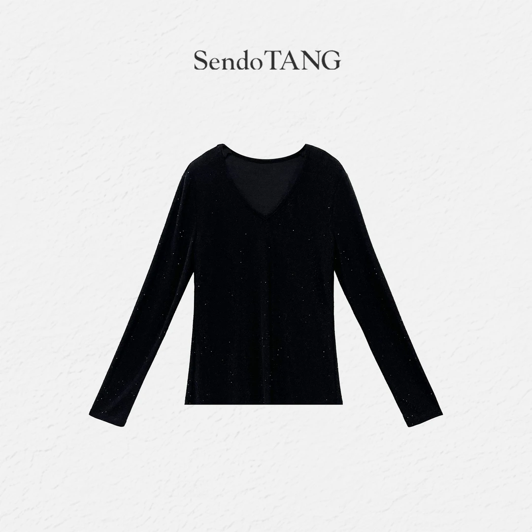 V领亮钻长袖打底上衣胖多女装气质显瘦遮肉简约百搭上衣【静谧】