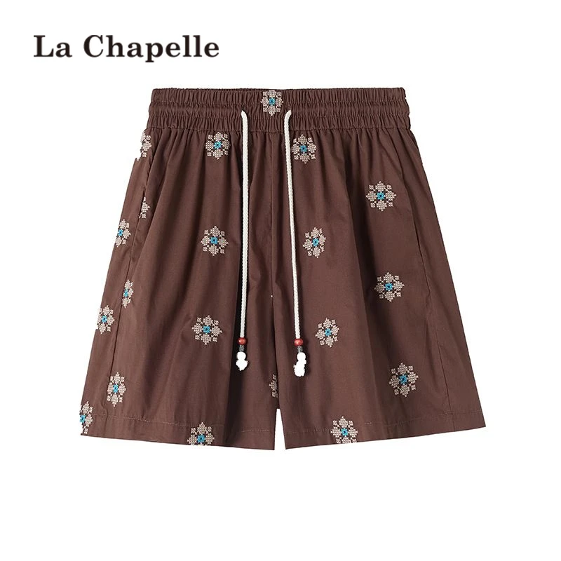 拉夏贝尔刺绣直筒休闲裤女2025夏季新款设计感宽松短裤百搭阔腿裤