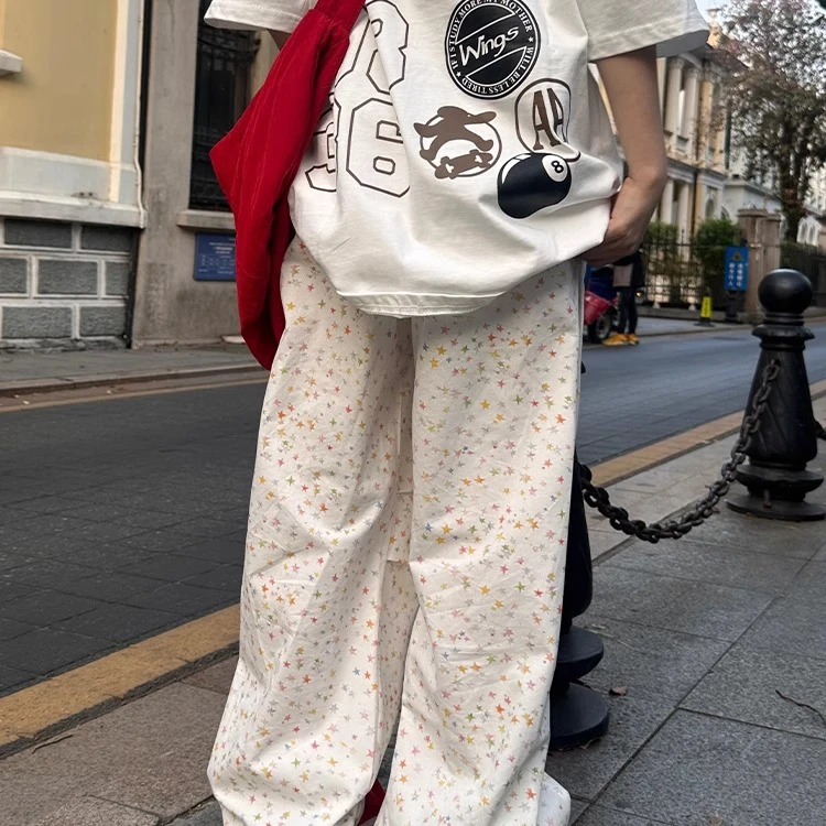 韩系波点阔腿裤女美式星星碎花伞兵工装裤夏季宽松休闲速干长裤