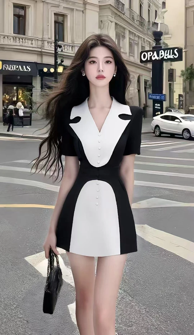 轻奢高端优雅温柔知性风撞色拼接设计V领收腰短袖连衣裙气质女装