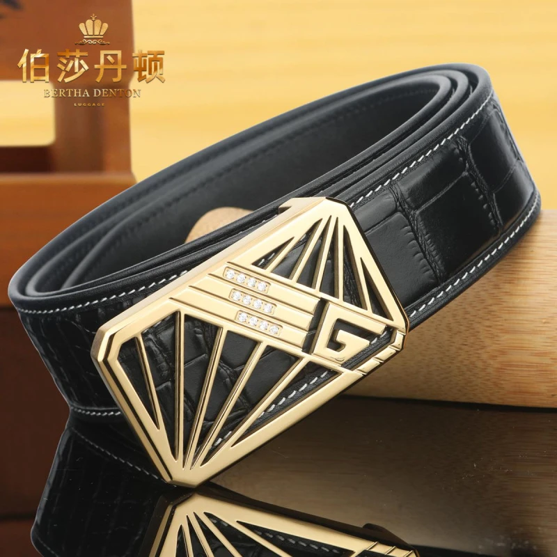 伯莎丹顿鳄鱼纹皮带男士新款时尚头层牛皮不锈钢扣中老年休闲腰带