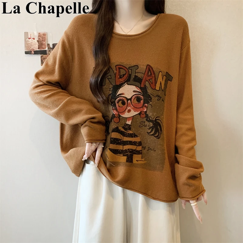 拉夏贝尔秋款休闲宽松洋气胖MM别致减龄针织衫卡通花朵长袖上衣女