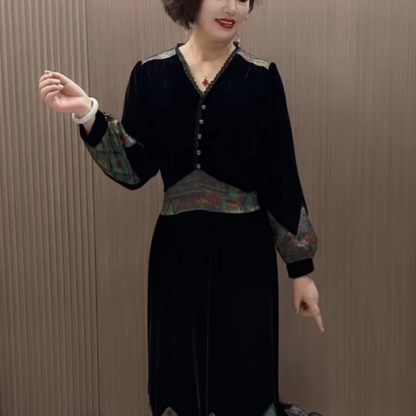 秋季街头风长袖妈妈装25030款修身印花中长连衣裙时尚气质