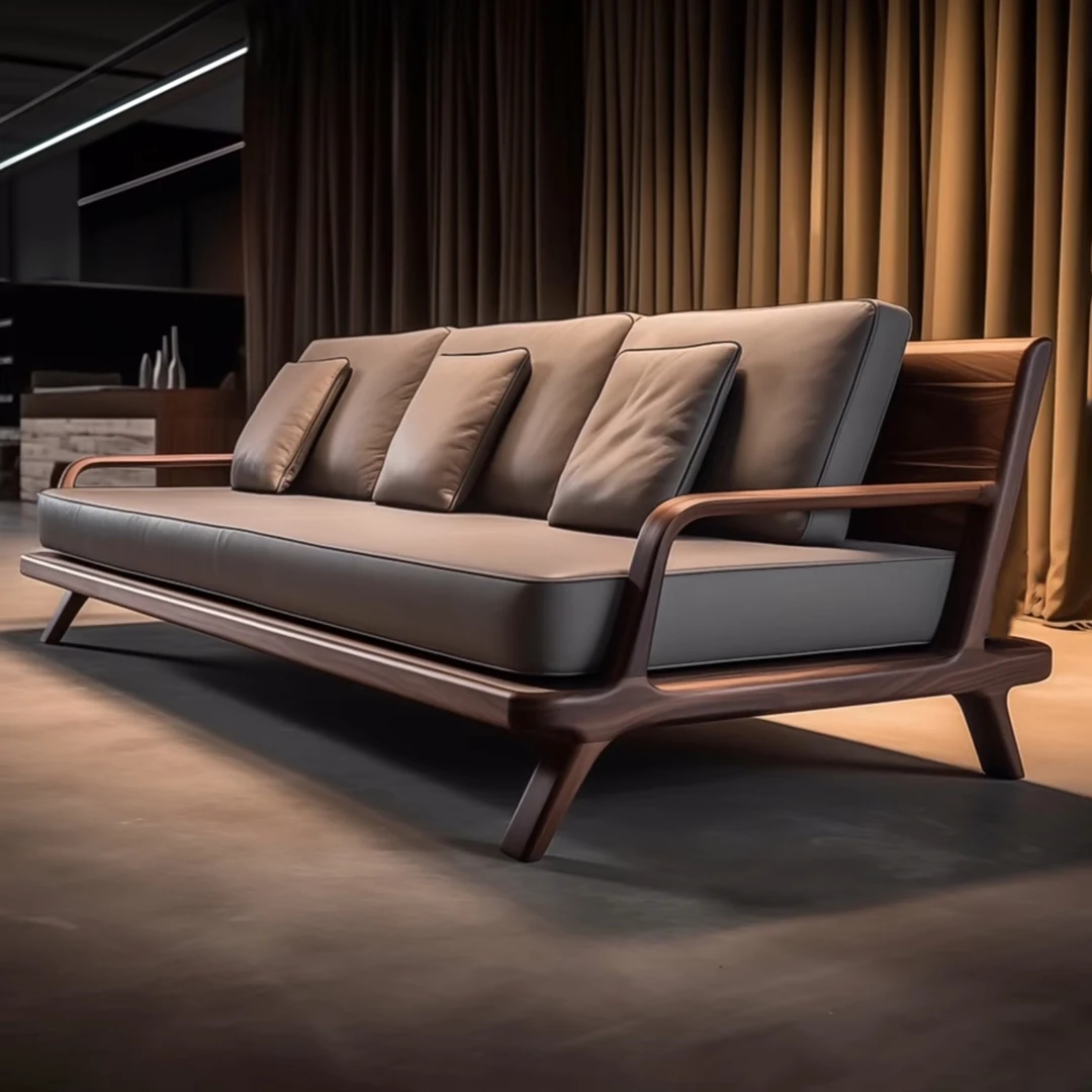 新中式北美黑胡桃木直排沙发真皮现代轻奢实木家具定制二三四人位