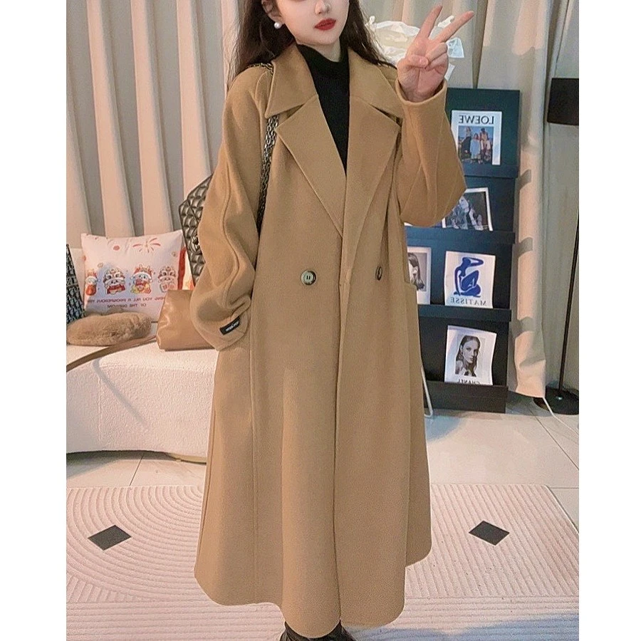 LOERVEERA洛薇拉两粒扣中长款双面呢女士大衣韩版遮肉外套24221