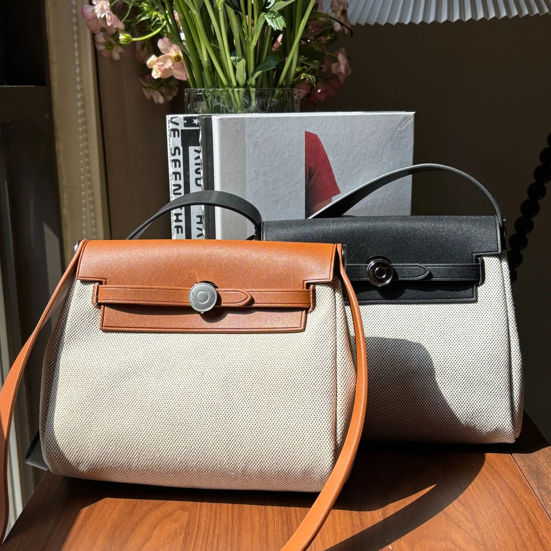 【塔鹿蕾】设计师新款复古拼接帆布牛皮凯莉包单肩斜挎小包0437