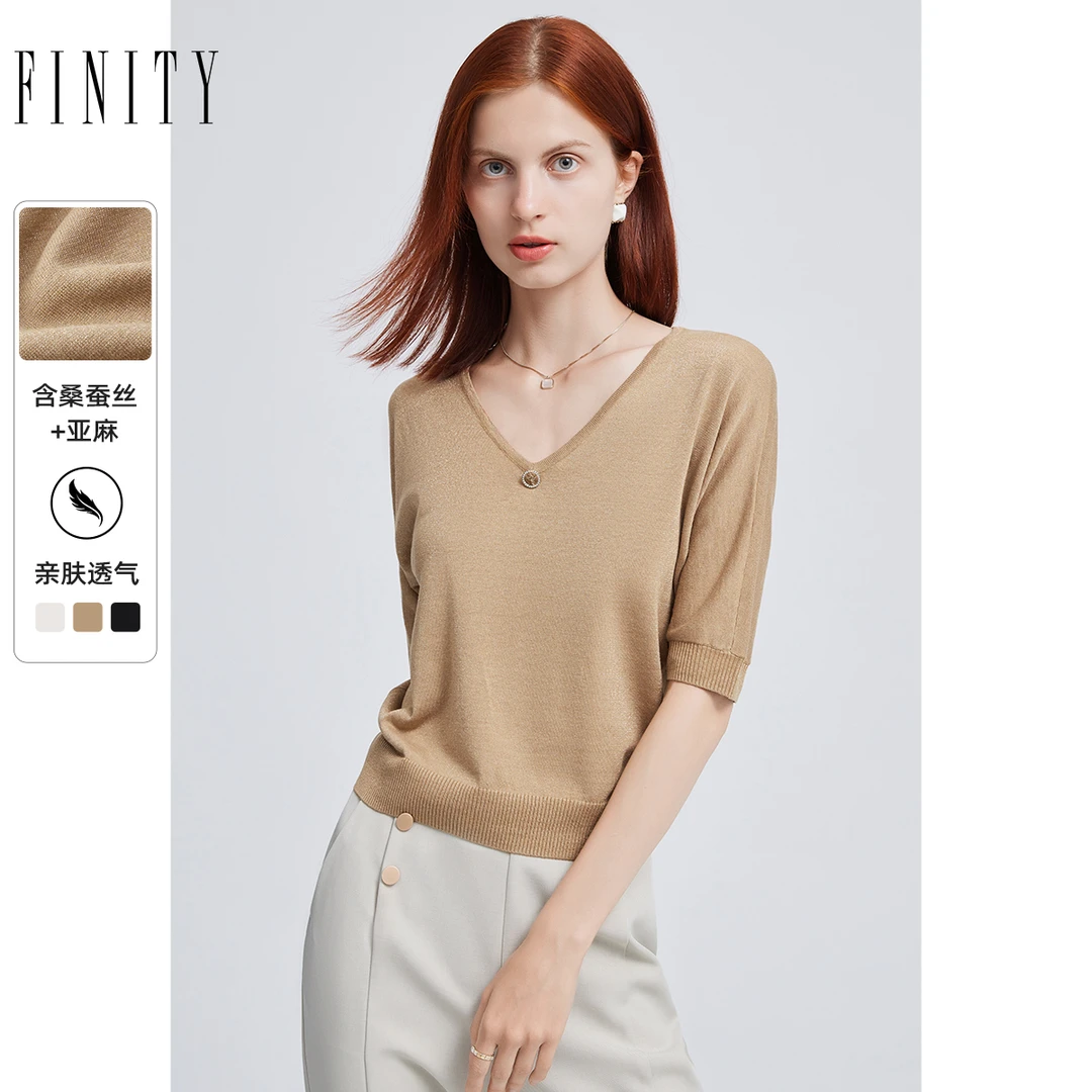 FINITY 品牌真丝T恤夏季新款桑蚕丝高端轻奢短袖上衣 F21W3B28S2