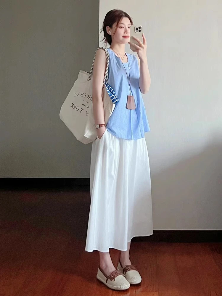 夏季甜美韩系温柔风休闲套装蓝色无袖背心搭配高腰半身裙两件套