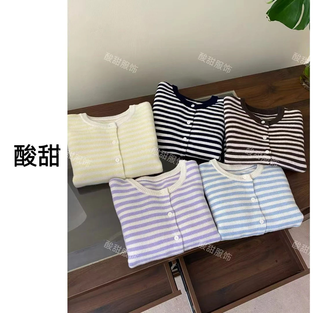 【酸甜】100%绵羊毛韩系彩虹色系圆领针织开衫毛衣 百搭经典条纹