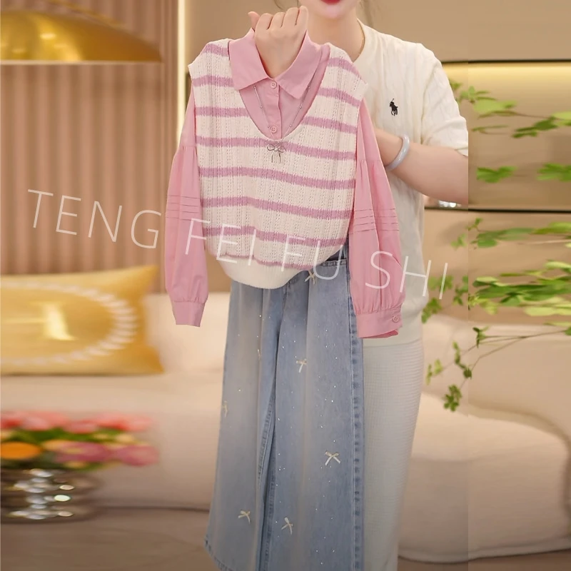 女童春秋款2025新款洋气时髦儿童休闲春装女孩潮流针织马甲三件套