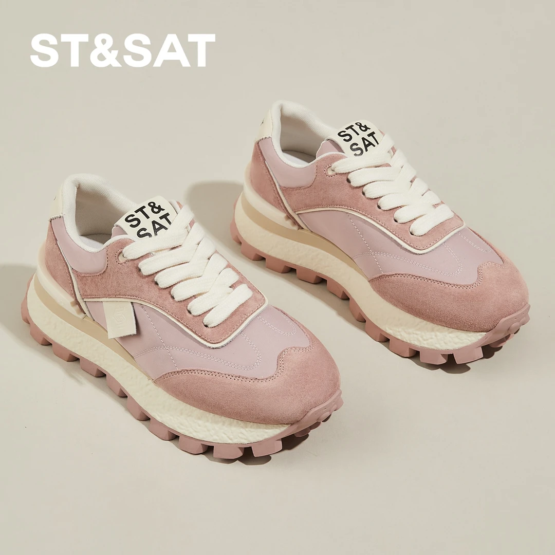 星期六真皮粉色德训鞋女鞋夏季软底系带松糕休闲鞋时尚百搭华夫鞋