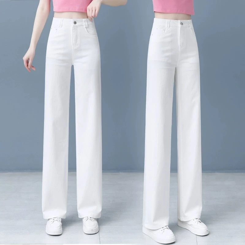 白色直筒牛仔裤女士2025秋季新款高腰休闲裤宽松显瘦窄版阔腿裤子