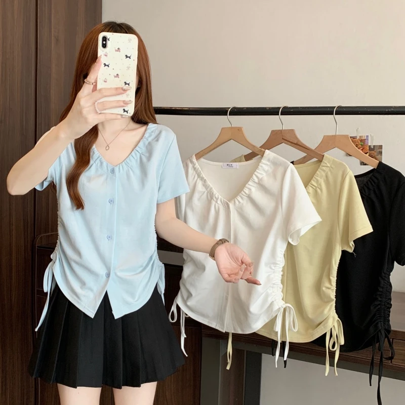 大码女装2025夏季新款胖mm显瘦穿搭单排扣抽绳收腰短袖上衣1888