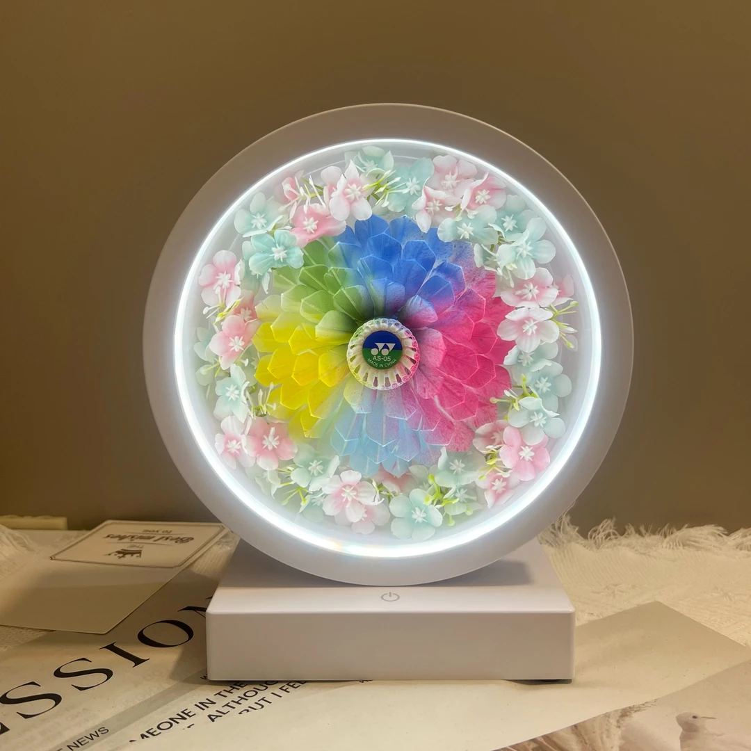羽毛球礼物花手工永生花小夜灯床头桌面创意发光轻奢摆件生日礼物