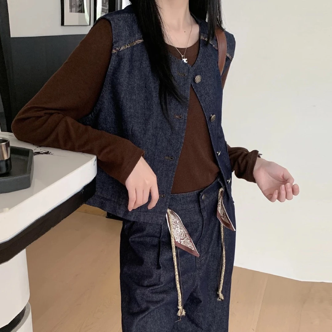 老钱风复古蓝色气质牛仔马甲打底休闲高腰阔腿裤显瘦