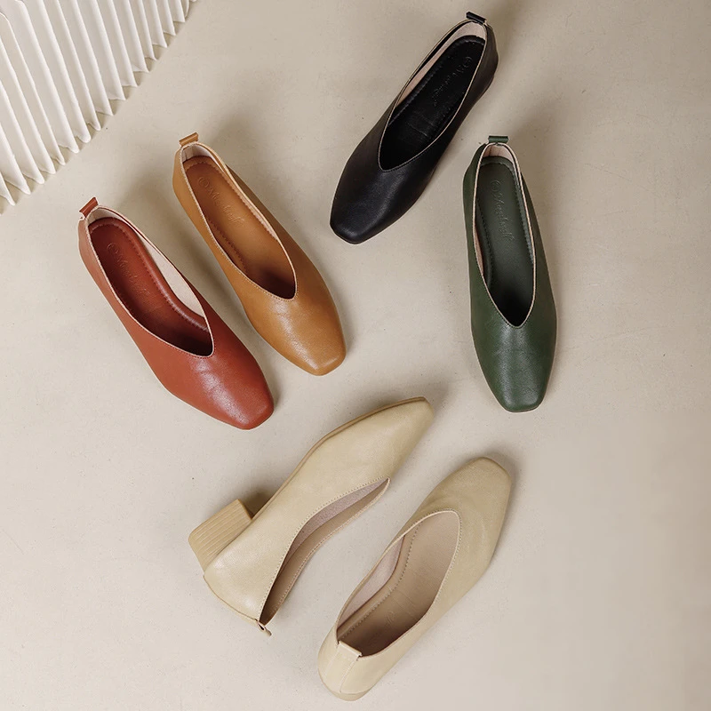 V口方头单鞋女法式温柔软皮软底新款百搭浅口粗跟真皮复古中跟4cm