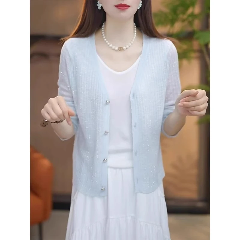 蓝色v领冰丝防晒针织开衫女夏薄款空调罩衫2025新款百搭显瘦上衣