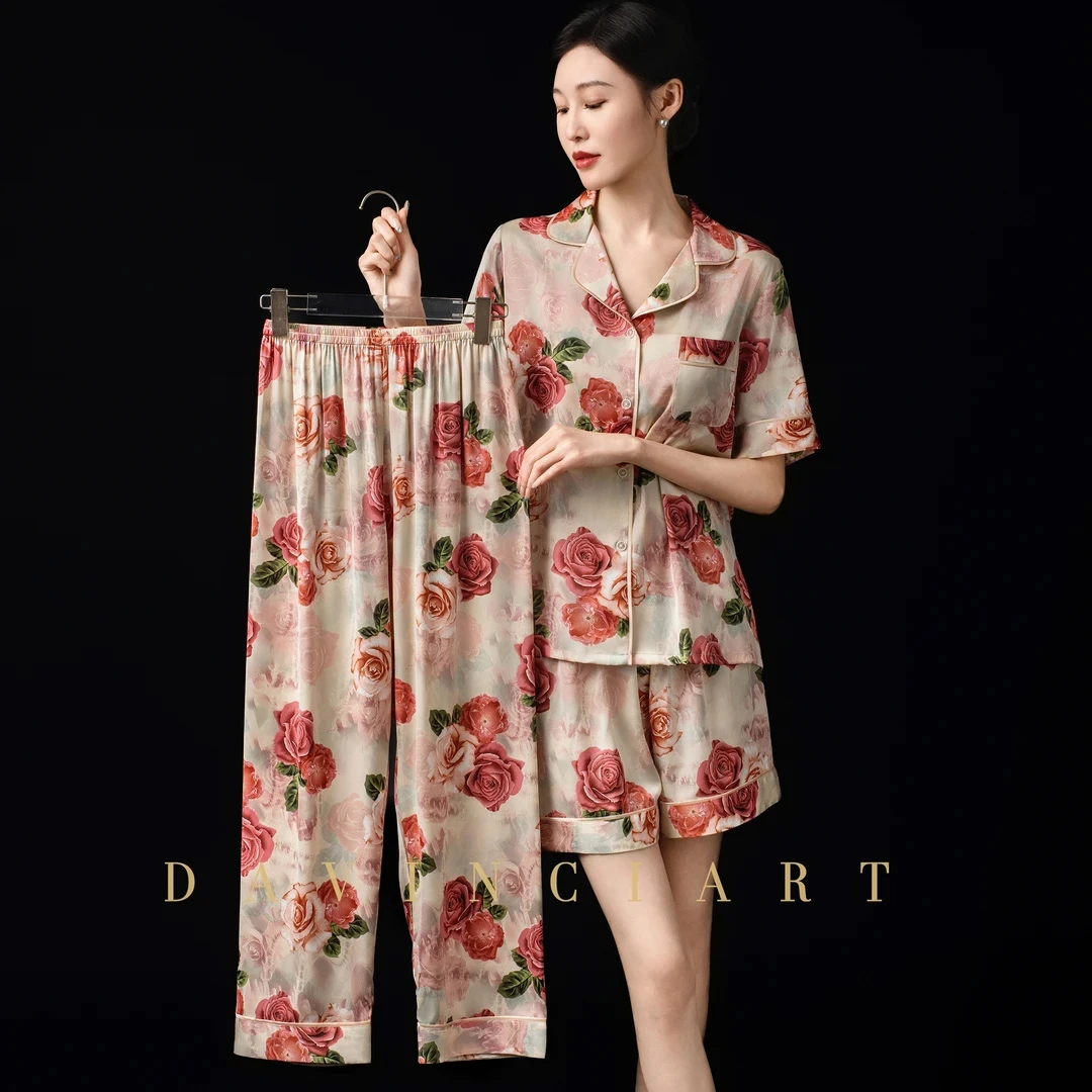 达芬奇密码香槟玫瑰睡衣女款爆款2025新款夏季可外穿三件套家居服