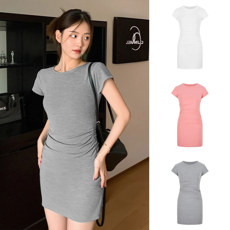 Moses Queen/魔西女王灰色褶皱修身连衣裙女夏显瘦内搭包臀短裙子