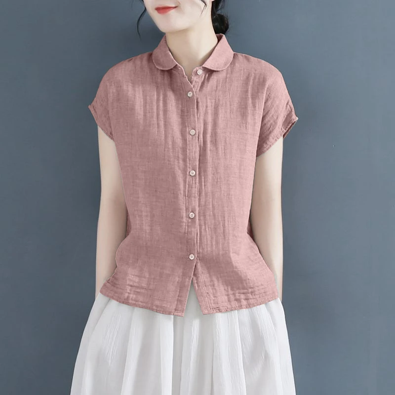夏季polo领设计感棉麻短袖衬衫女宽松小飞袖棉麻衬衣大码亚麻上衣