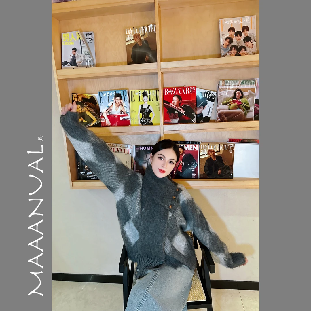 MAAANUAL 菱格羊毛衫围巾两件套秋冬温柔小众设计感ins复古气质