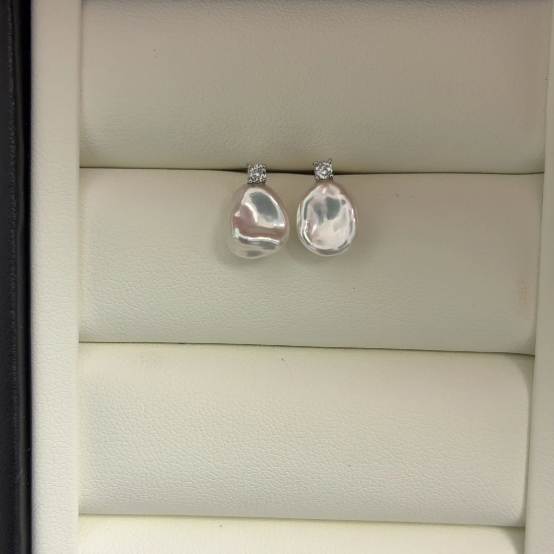 银S925镶嵌耳饰淡水珍珠巴洛克