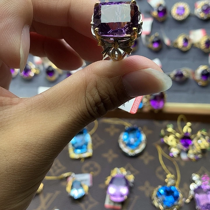 银S925镀金镶嵌戒指水晶