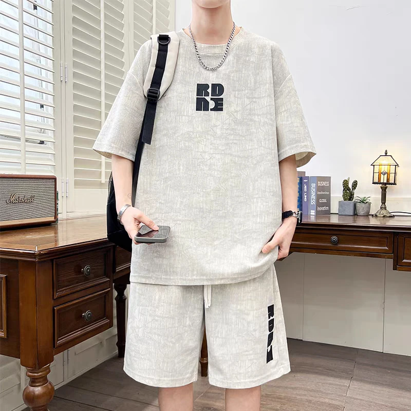 夏季潮牌宽松扎染短袖短裤两件套男休闲运动套装男装帅气一套衣服