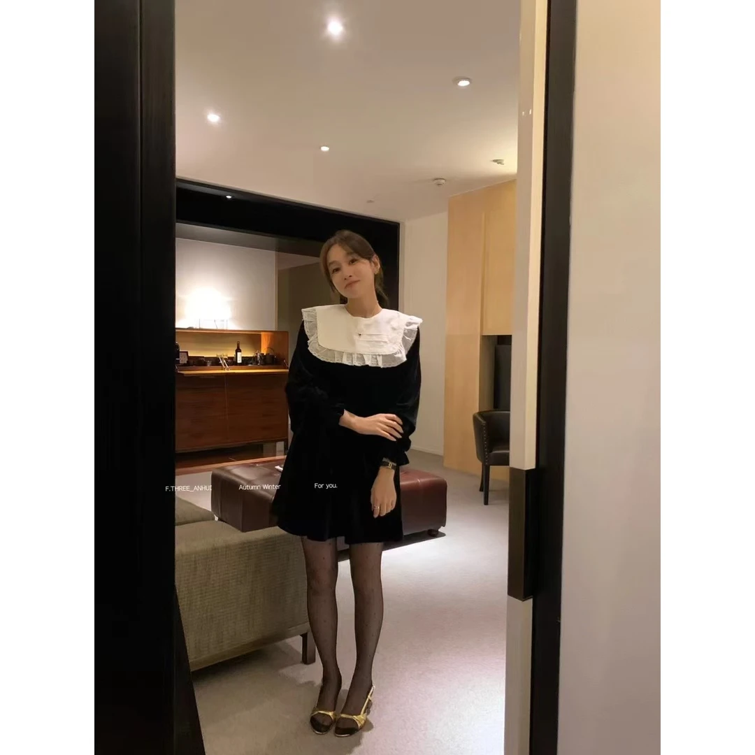 J-16067#三姐妹#韩系复古气质减龄丝绒连衣裙（领子可拆卸）（福