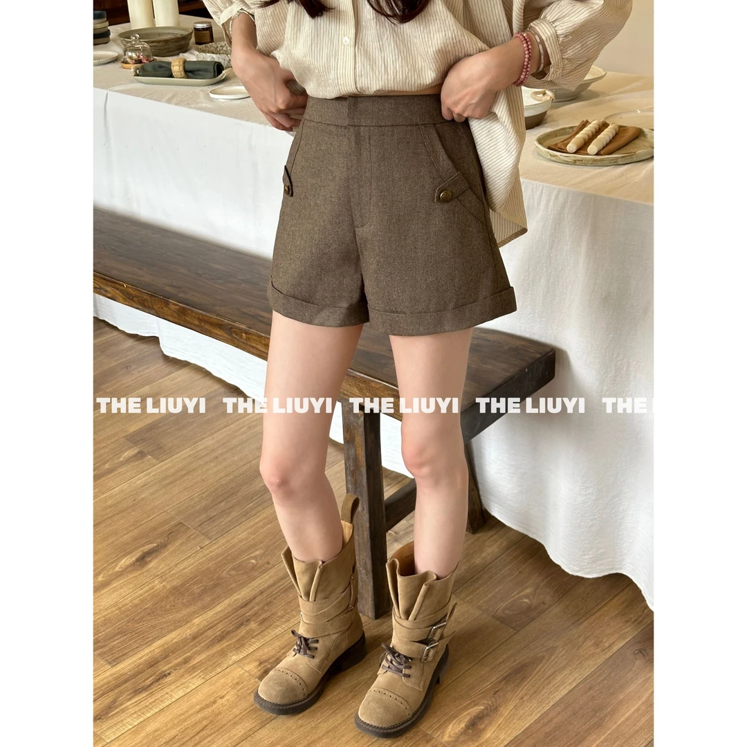 【LIUYI】精致毛呢高腰百搭显瘦短裤58015