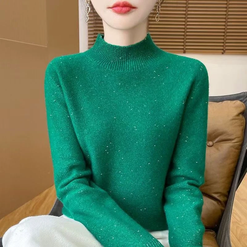 611-100%纯羊毛金豆沙一线成衣女士半高领打底宽松内搭套头针织衫