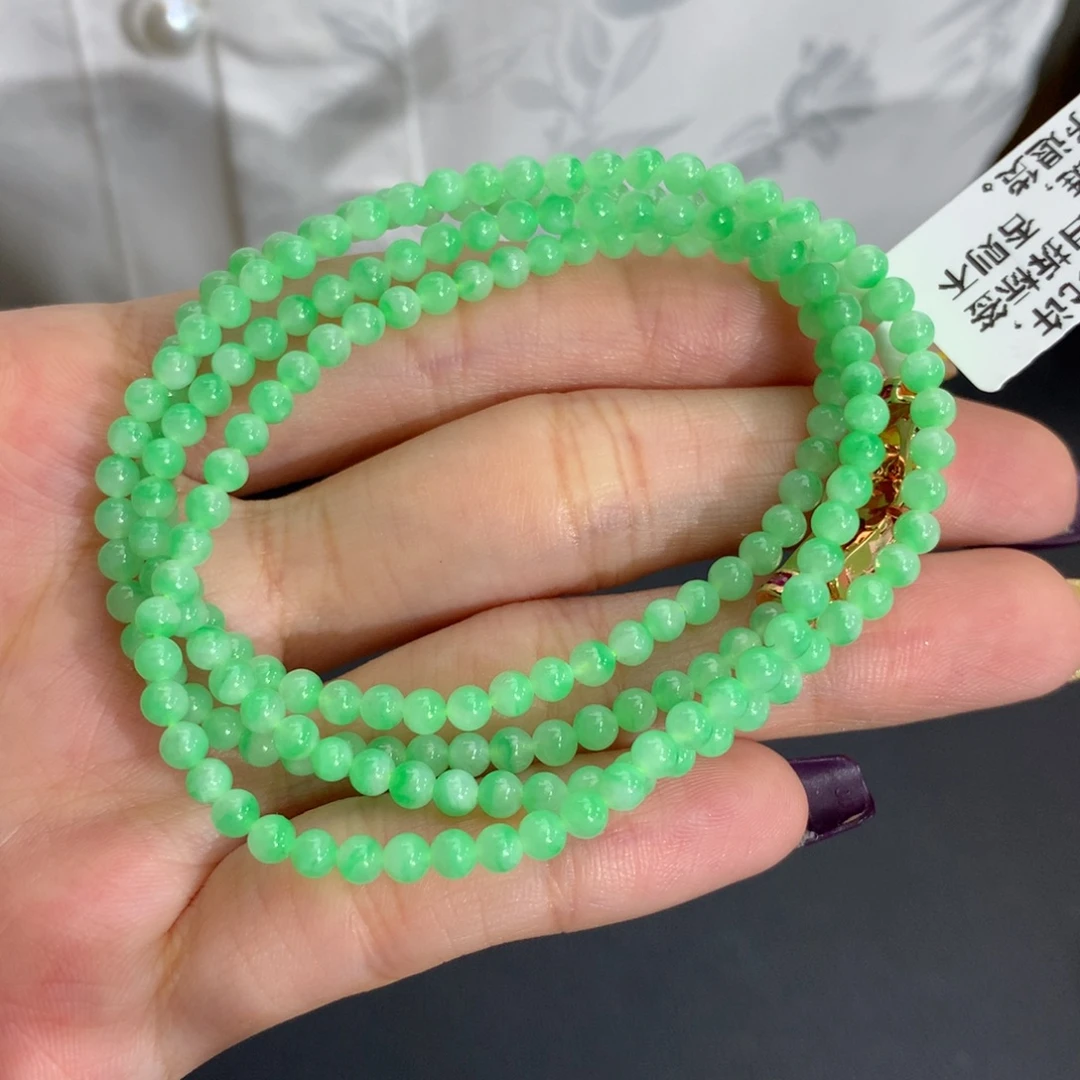 翡翠未镶嵌手串卡3.3胶润甜绿飘花小米项链