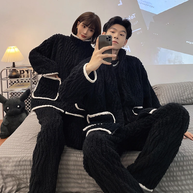 浪莎冬季新款提花绒情侣睡衣女加厚保暖家居服男士拉链珊瑚绒套装