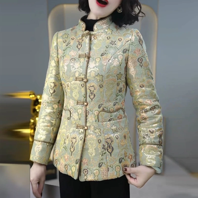 秋冬新款新中式立领盘扣夹棉短外套女加厚保暖妈妈装气质国风上衣