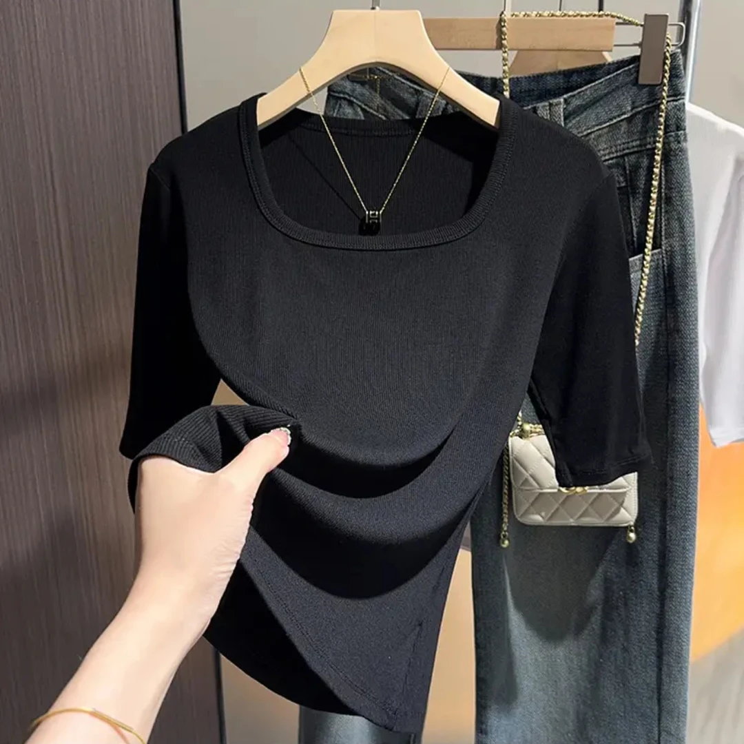 【不起球不褪色】U领五分袖纯色螺纹T恤打底衫百搭洋气夏季上衣